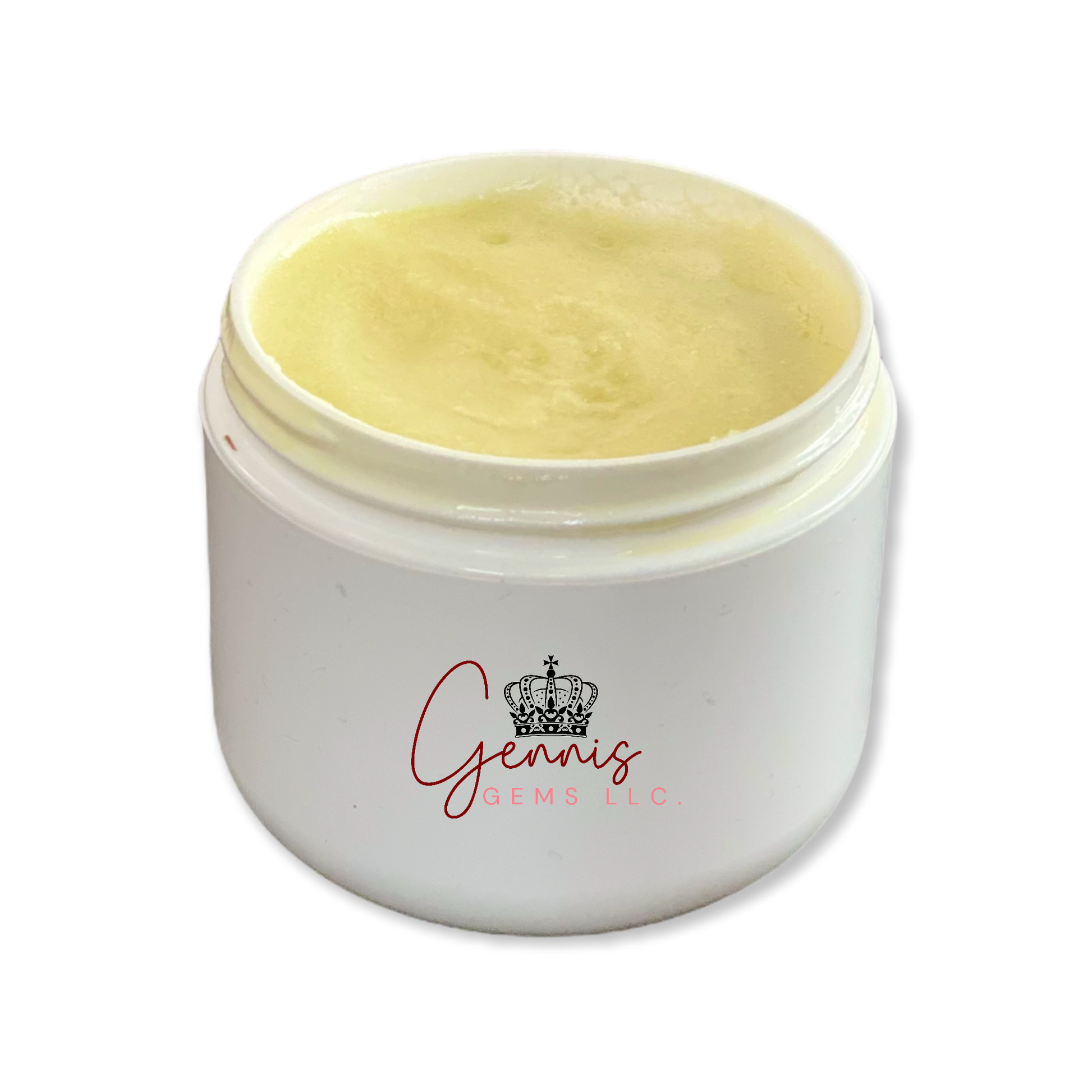 A white jar full of whipped body butter with a black crown and the words that read Genni’s Gems LLC.